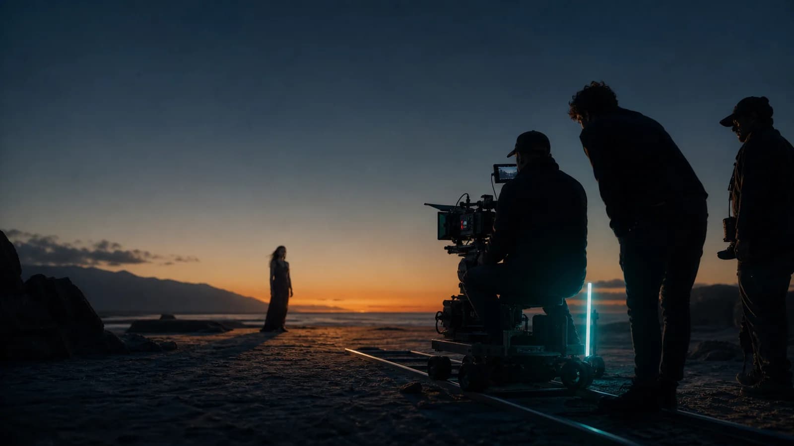 Film crew working at dusk